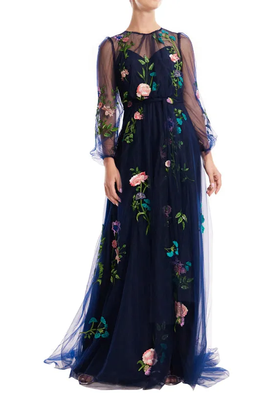 Jewel Neck Puff Sleeve Embroidered Tulle Gown sold by Monique Lhuillier product image thumbnail 2