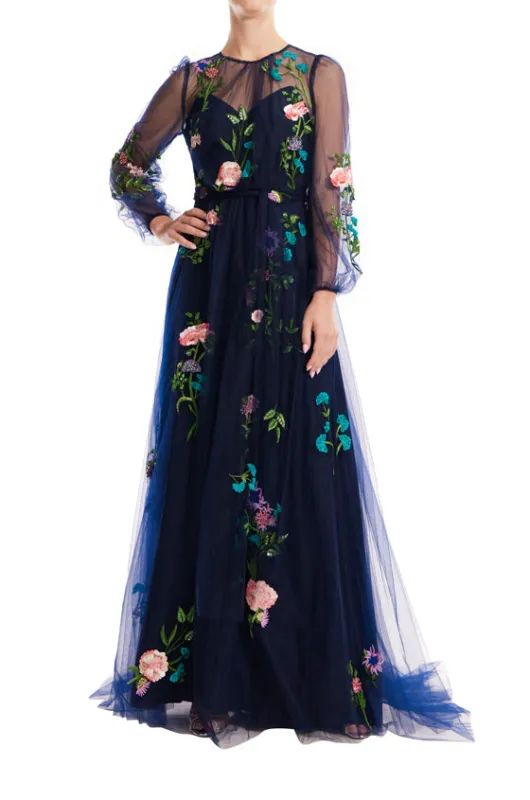 Jewel Neck Puff Sleeve Embroidered Tulle Gown sold by Monique Lhuillier