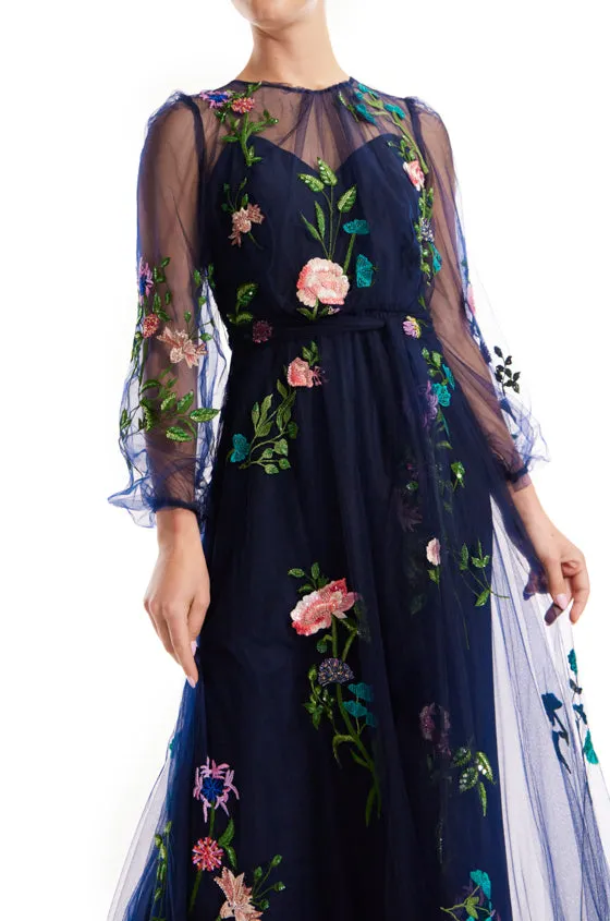 Jewel Neck Puff Sleeve Embroidered Tulle Gown sold by Monique Lhuillier product image thumbnail 5