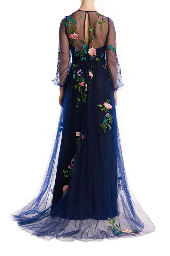 Jewel Neck Puff Sleeve Embroidered Tulle Gown sold by Monique Lhuillier product image thumbnail 4