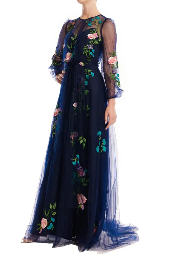 Jewel Neck Puff Sleeve Embroidered Tulle Gown sold by Monique Lhuillier product image thumbnail 3