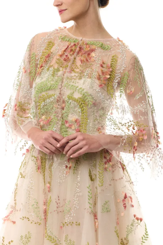 Embroidered Capelet Prosecco Multi sold by Monique Lhuillier