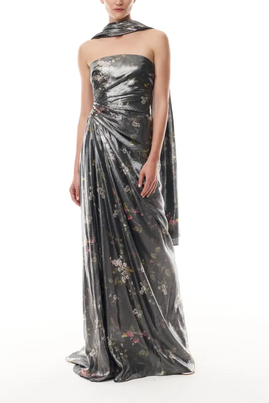 Metallic Floral Draped Gown made by Monique Lhuillier