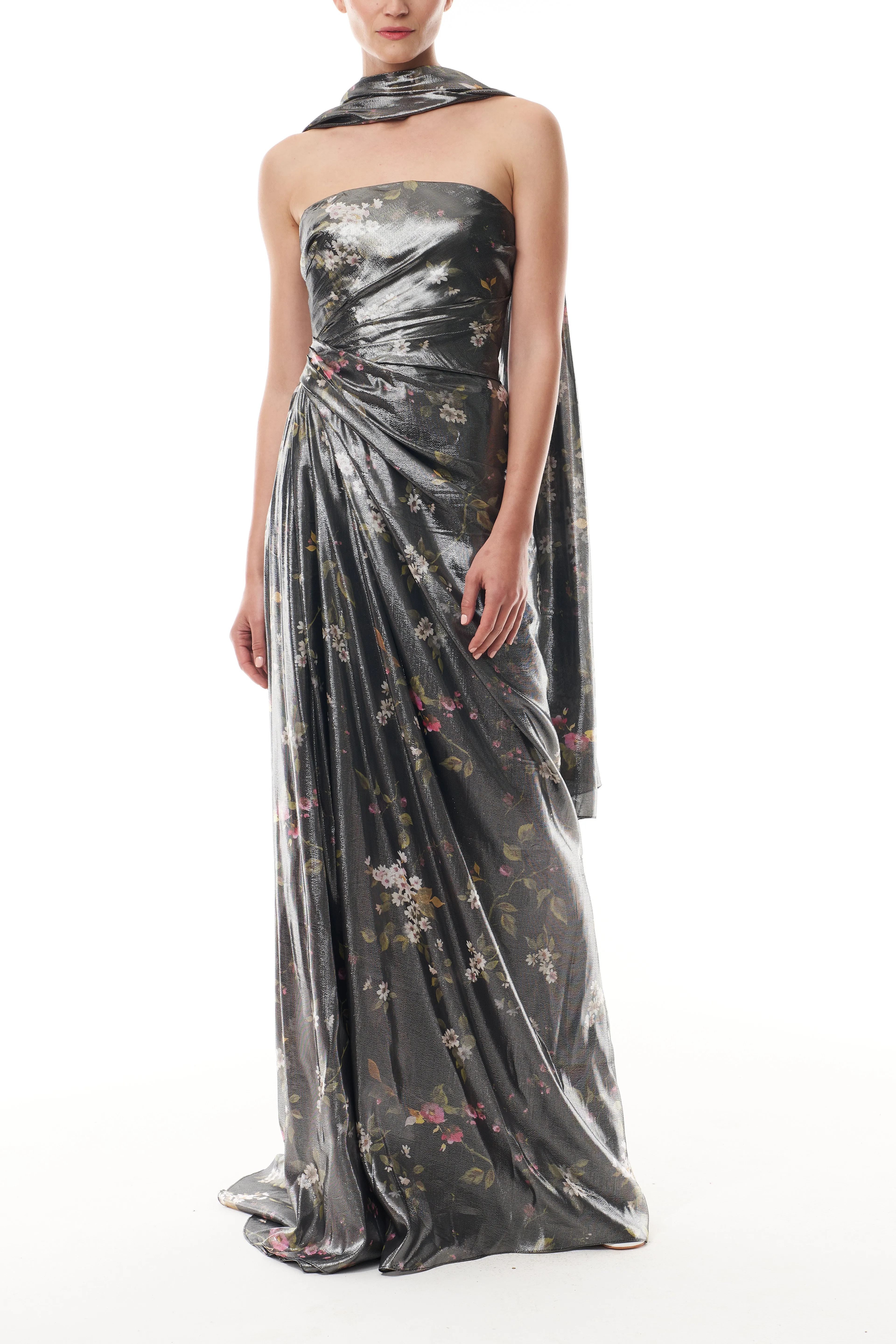 Metallic Floral Draped Gown sold by Monique Lhuillier