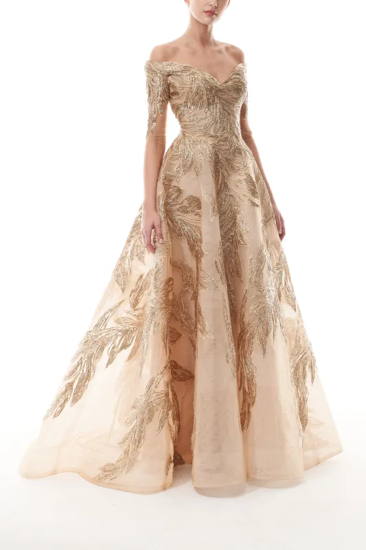 Off-The-Shoulder Illusion Sleeve Ballgown sold by Monique Lhuillier