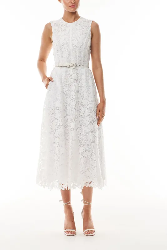Silk White Belted Lace Dress sold by Monique Lhuillier