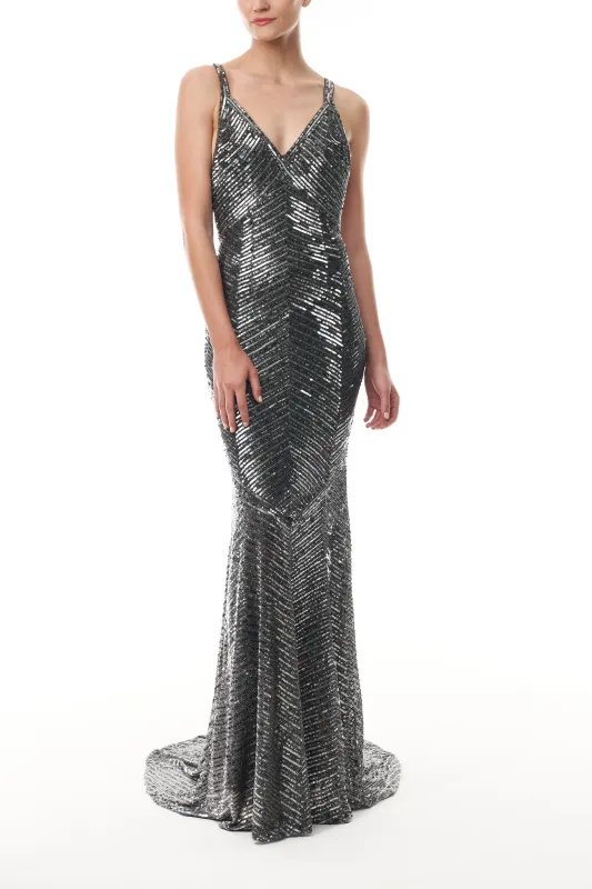 V-Neck Gunmetal Embroidered Sheath sold by Monique Lhuillier