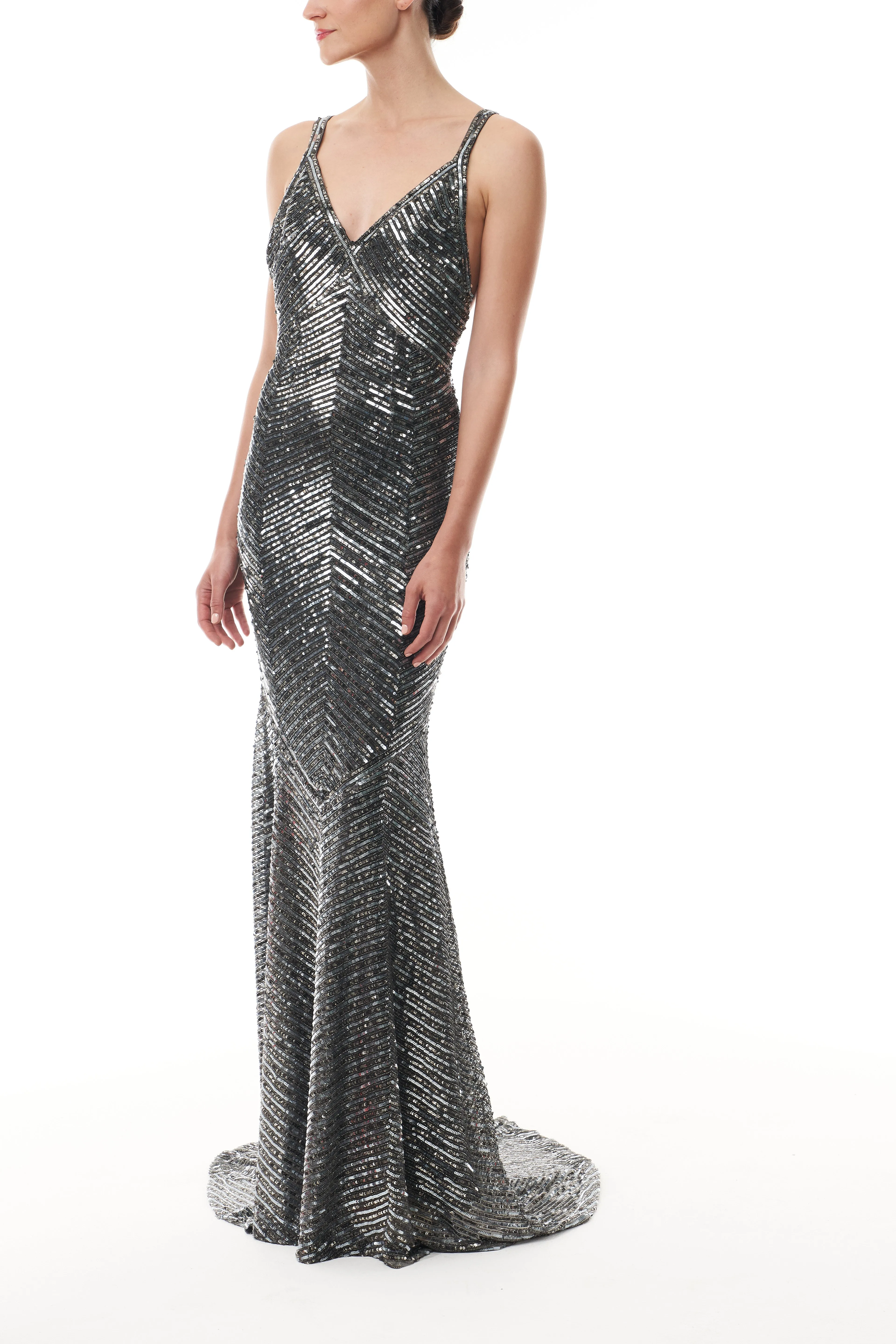 V-Neck Gunmetal Embroidered Sheath sold by Monique Lhuillier product image thumbnail 3