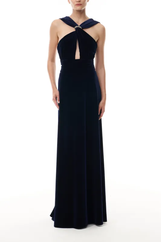 Twist Front Velvet Halter Gown sold by Monique Lhuillier