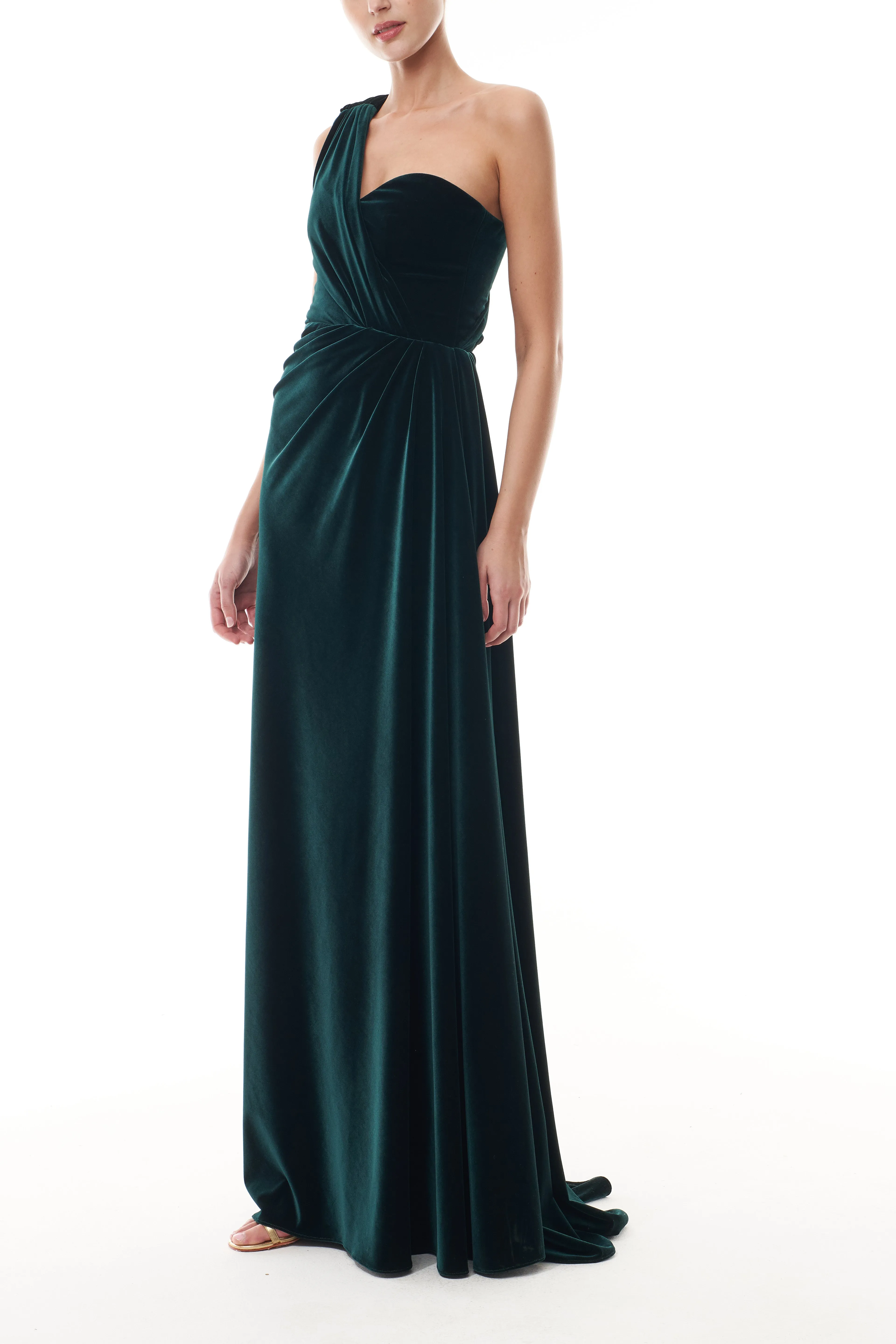 One Shoulder Deep Green Velvet Gown sold by Monique Lhuillier product image thumbnail 4