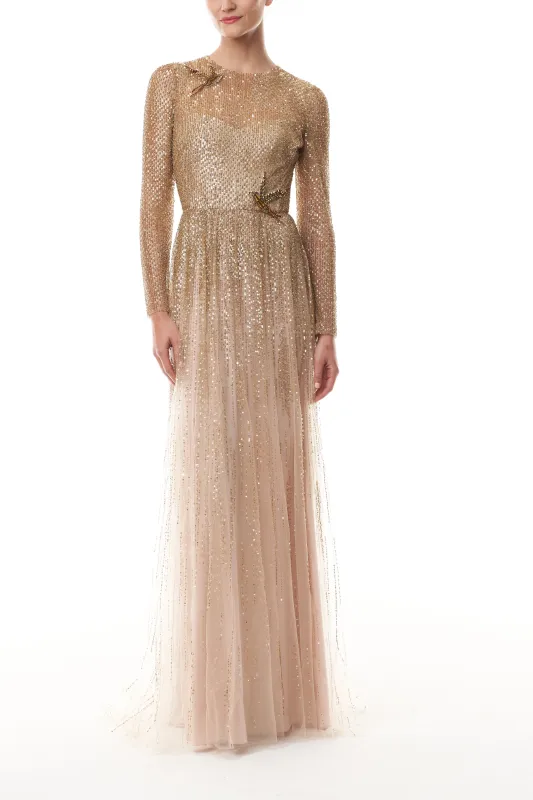 Gold Embroidered Long Sleeve Gown sold by Monique Lhuillier