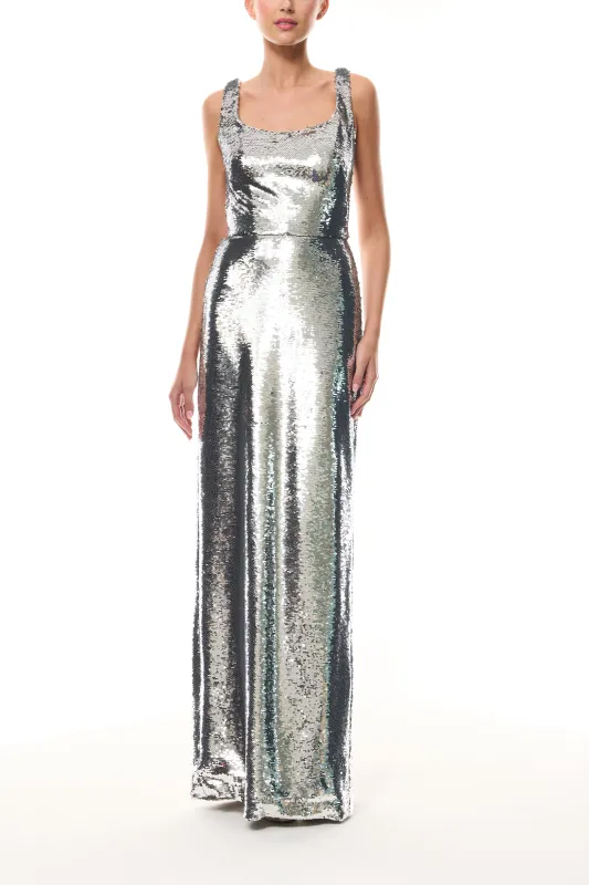 Silver Sequin Scoop Neck Gown sold by Monique Lhuillier