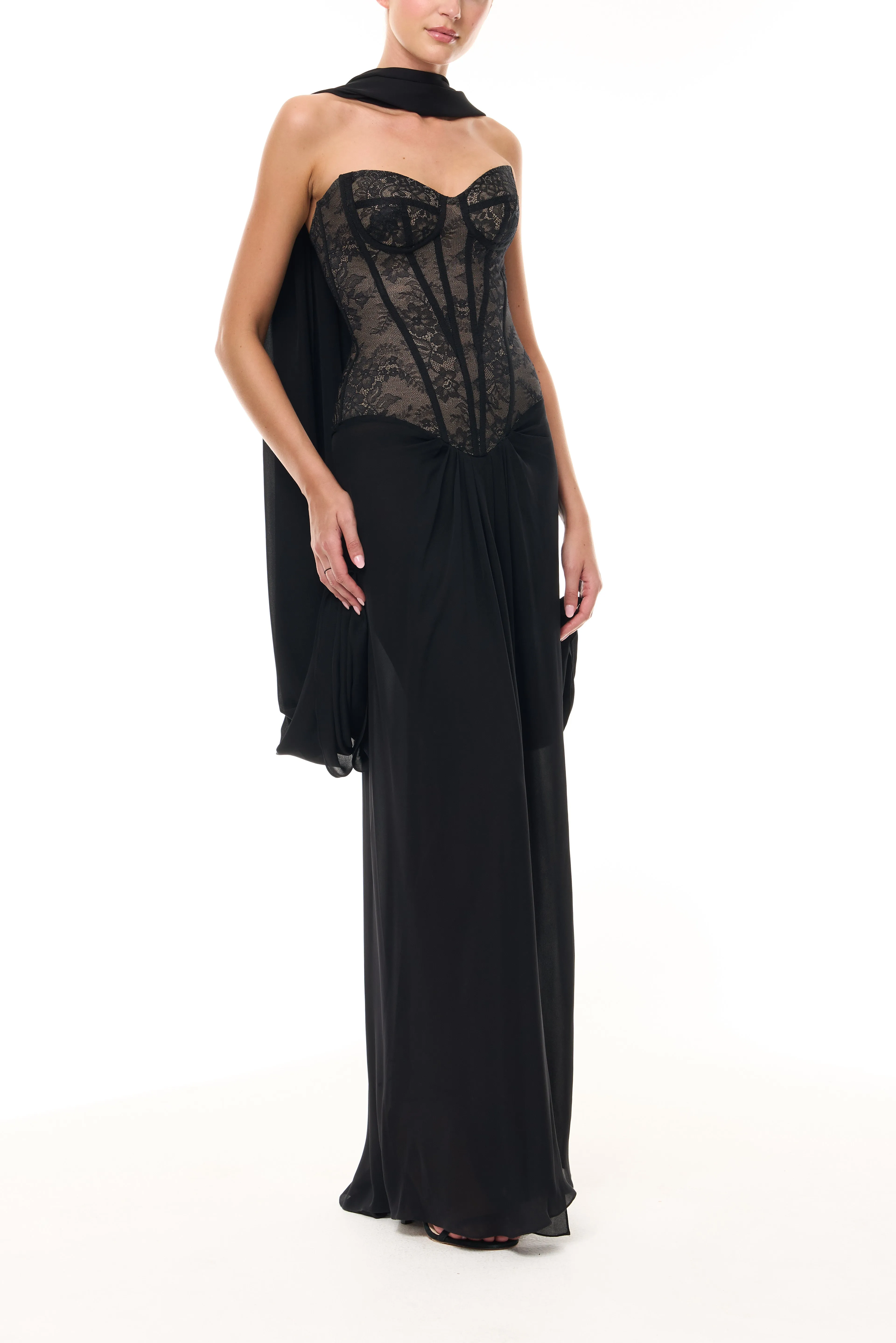 Lace Corseted Gown with Chiffon Shawl sold by Monique Lhuillier product image thumbnail 5