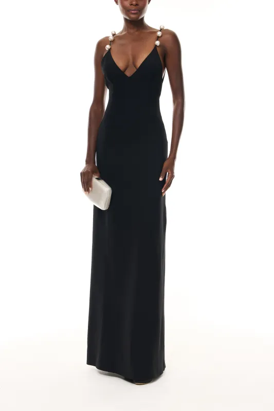 Pearl Strap Noir A-Line Gown sold by Monique Lhuillier