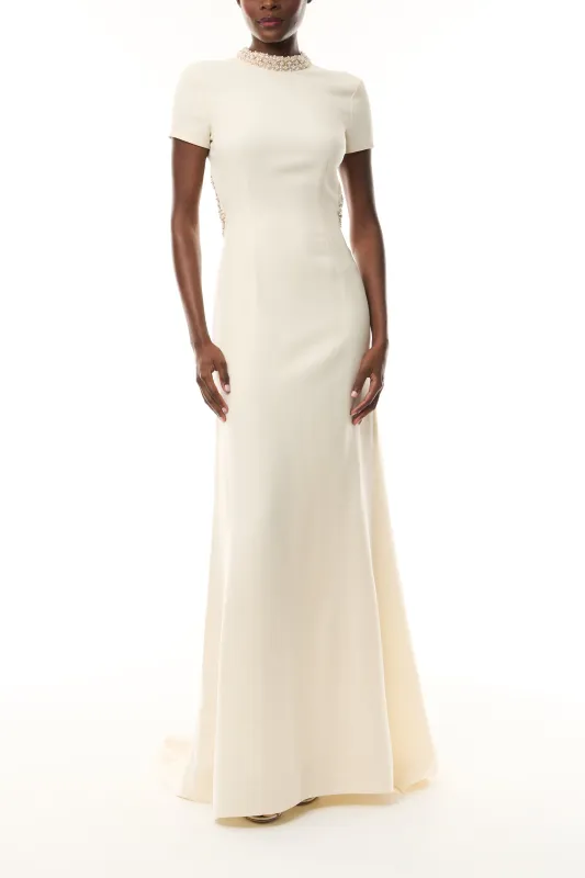 Pearl Trimmed Open Back Gown made by Monique Lhuillier