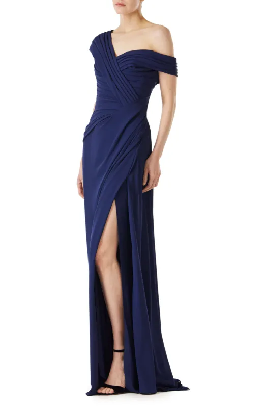 Off the Shoulder Draped Chiffon Gown sold by Monique Lhuillier
