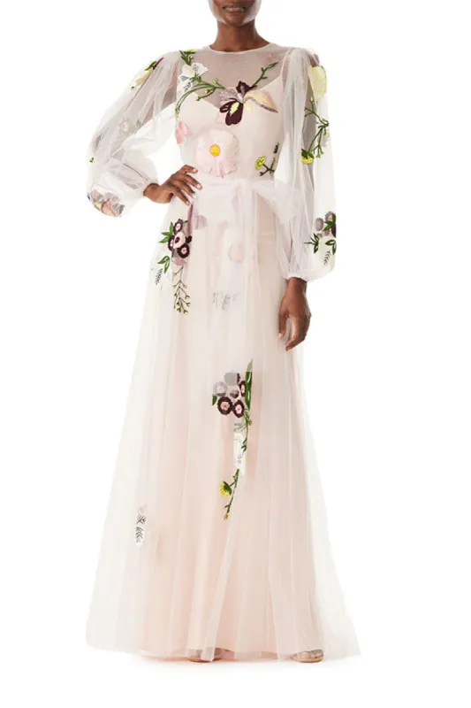 Jewel Neck Puffed Sleeve Embroidered Tulle Gown sold by Monique Lhuillier