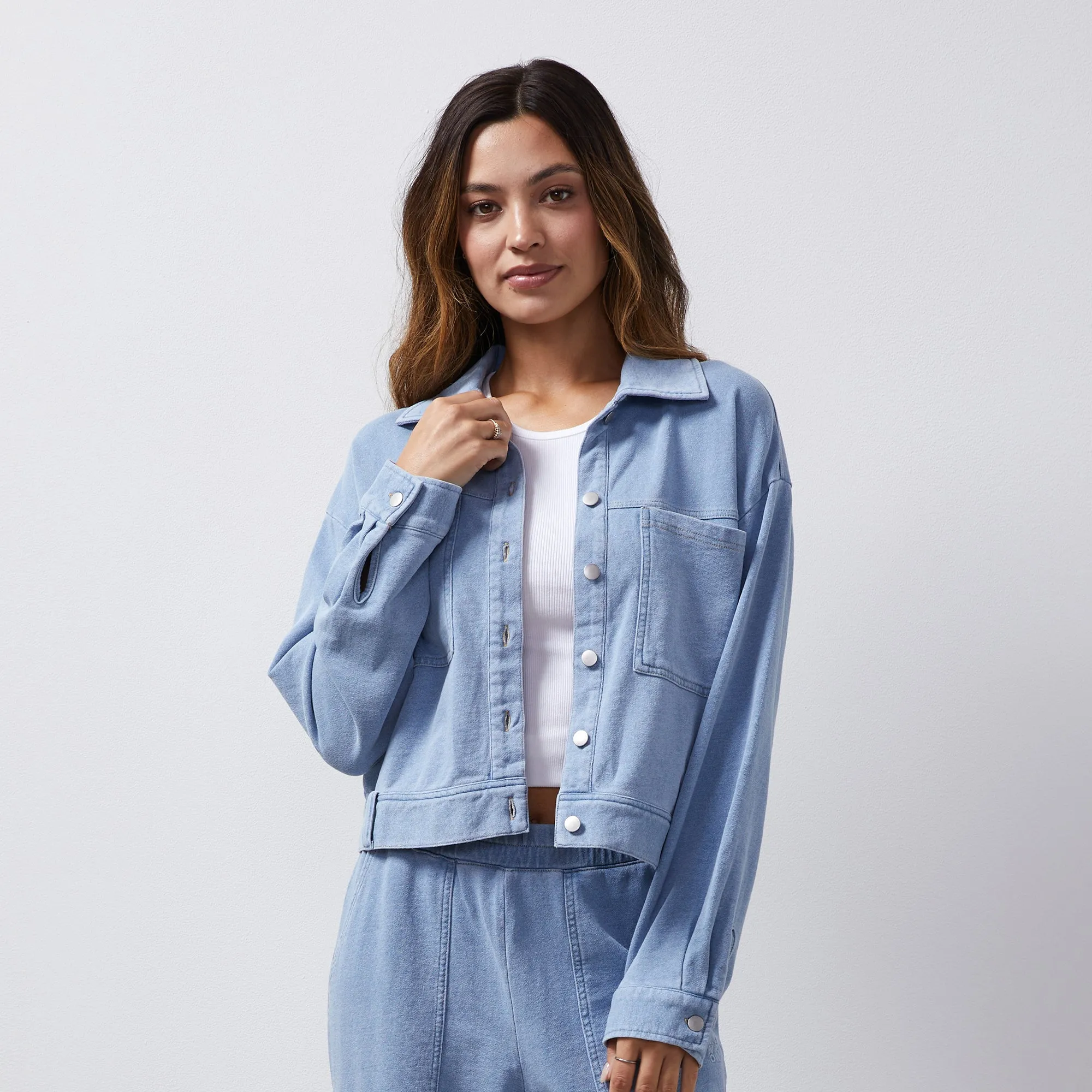 Indigo French Terry Denim Jacket sold by Monrow