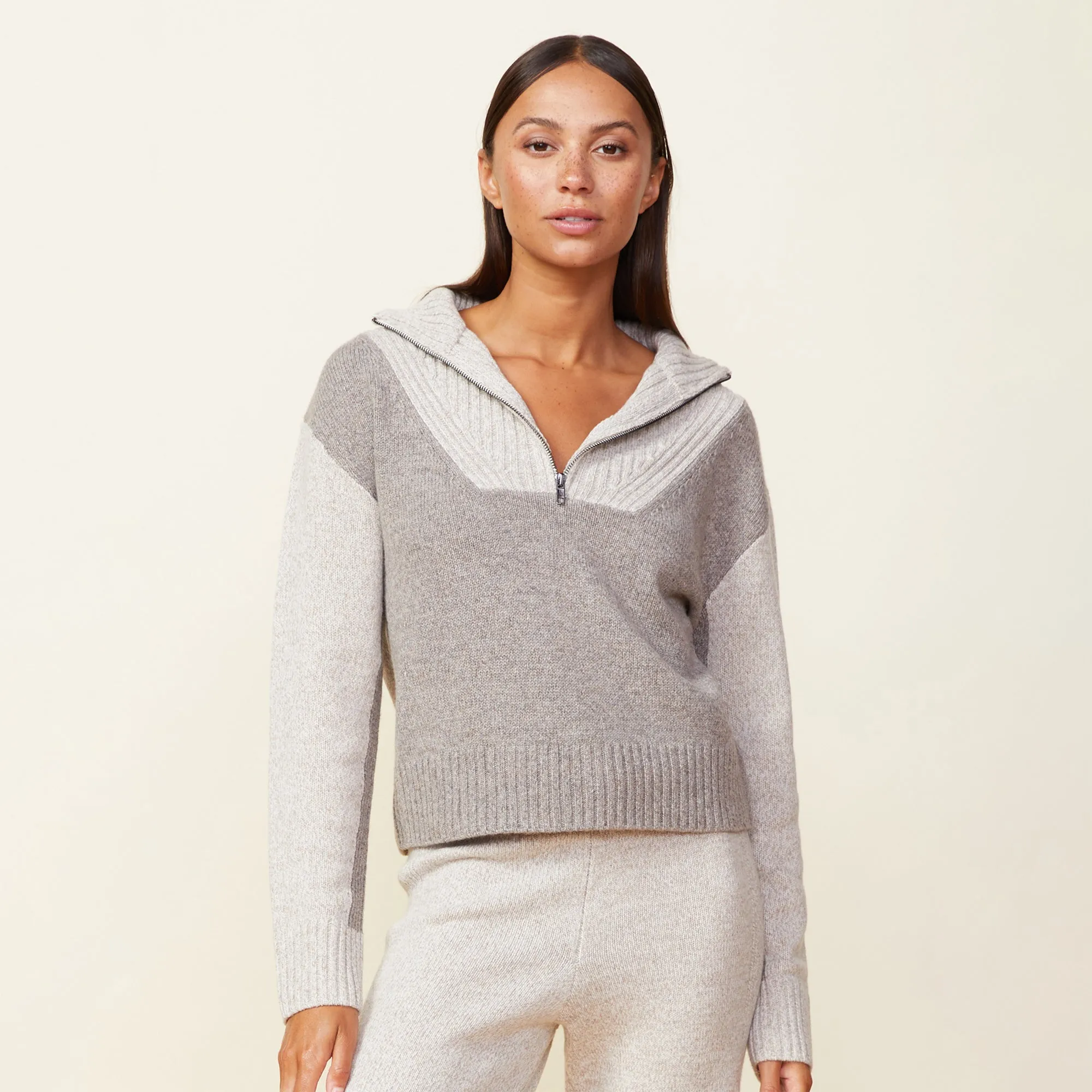 Wool Cashmere Marled Colorblock Half Zip Sweater sold by Monrow
