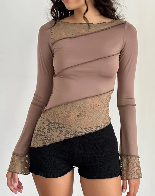 Lucca Long Sleeve Top in Slinky Lace Mocha sold by Motel Rocks