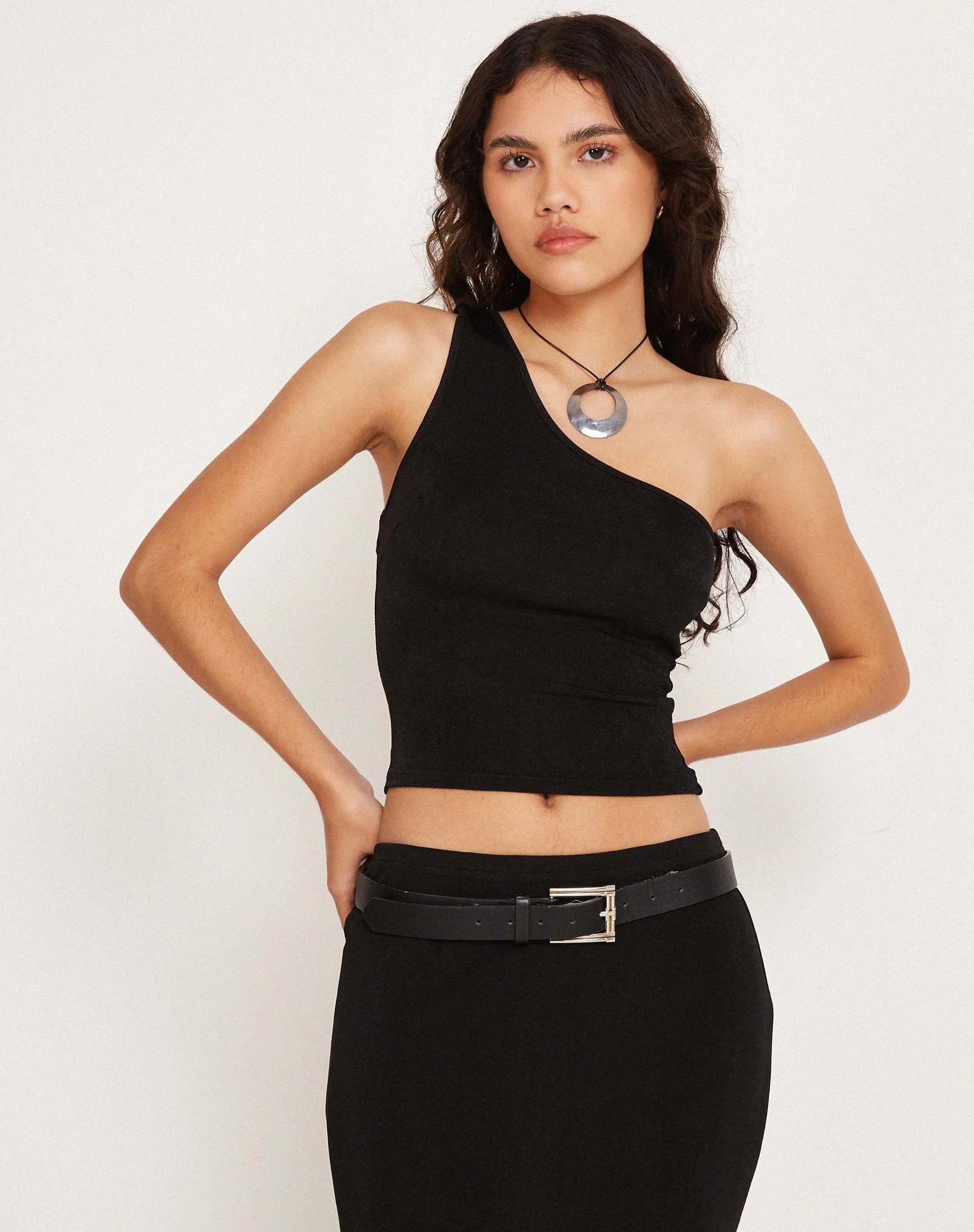 Bay One Shoulder Top in Black sold by Motel Rocks