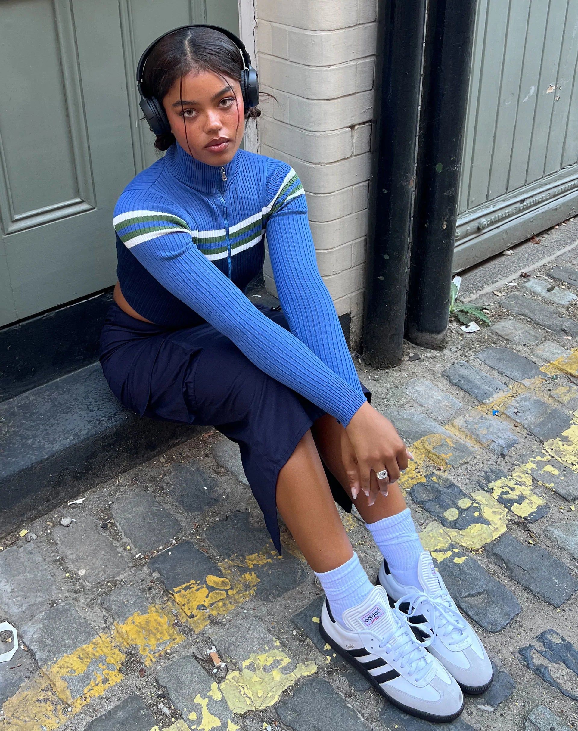 Tuzifa Cropped Knit Jumper in Navy Green and Blue sold by Motel Rocks product image thumbnail 2