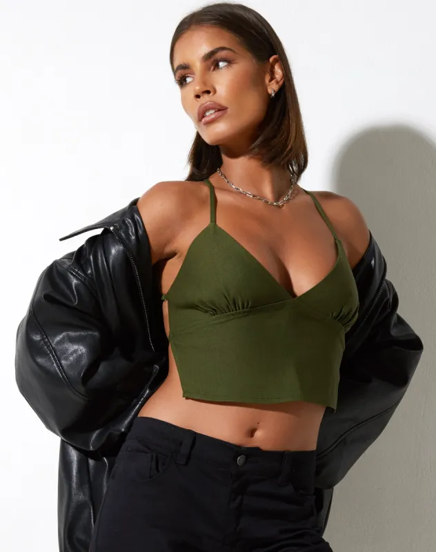 Ombe Crop Top in Tailoring Olive sold by Motel Rocks