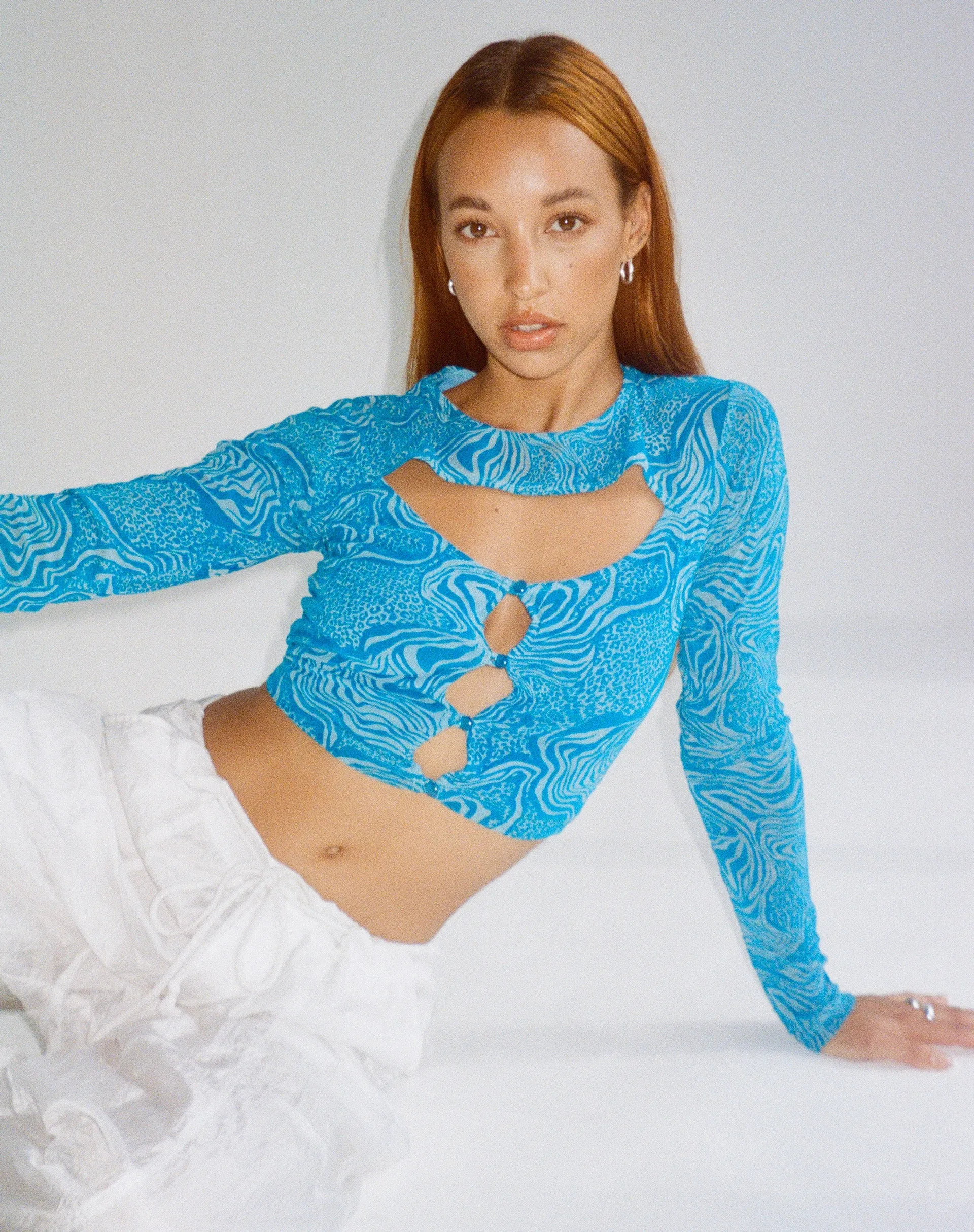 Techin Crop Top in Mixed Animal Flock Blue sold by Motel Rocks