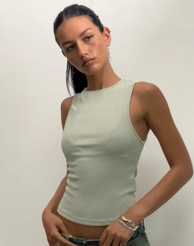 Jordin High Neck Jersey Top in Ribbed Mint sold by Motel Rocks