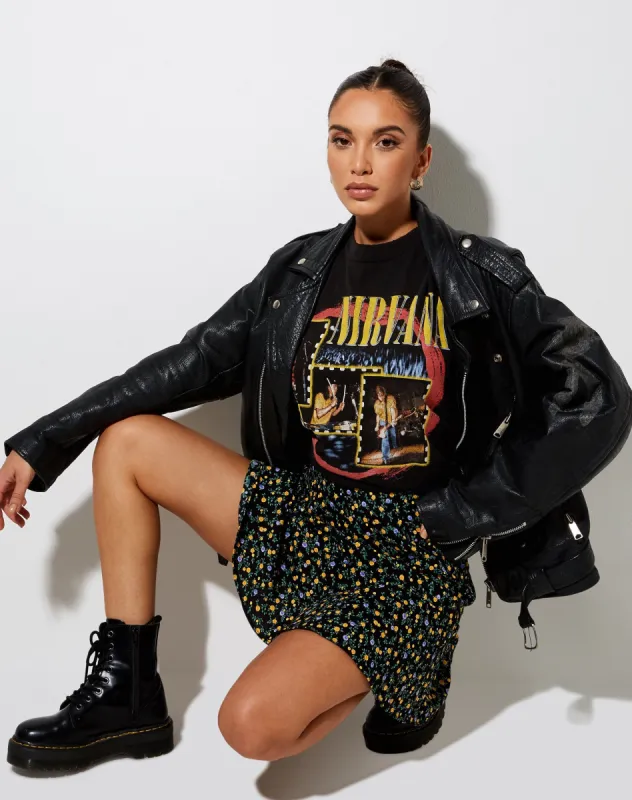 Gaelle Skater Skirt in Flowing Flower Black sold by Motel Rocks