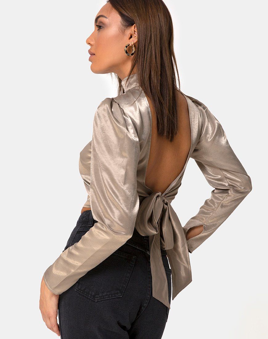 Lona Longsleeve Top in Satin Taupe sold by Motel Rocks