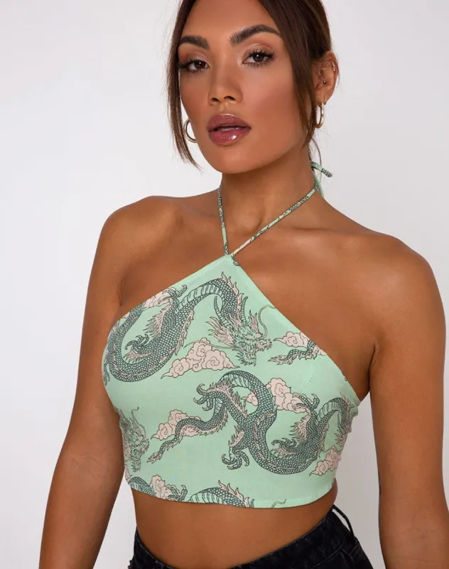 Maudy Crop Top in Chinese Dragon Neo Mint sold by Motel Rocks