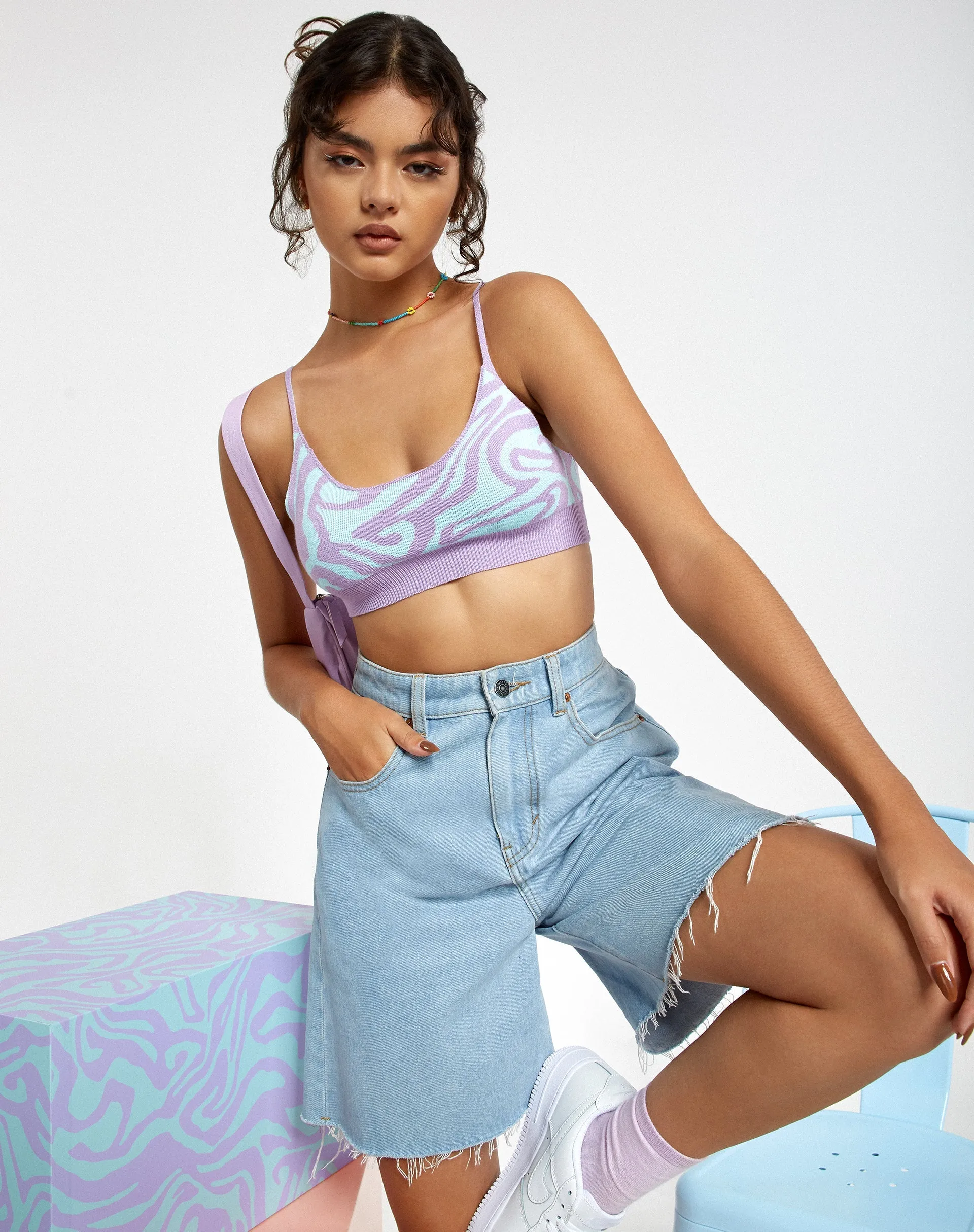 Lian Crop Top in Knit Jagged Swirl Lavender and Mint sold by Motel Rocks