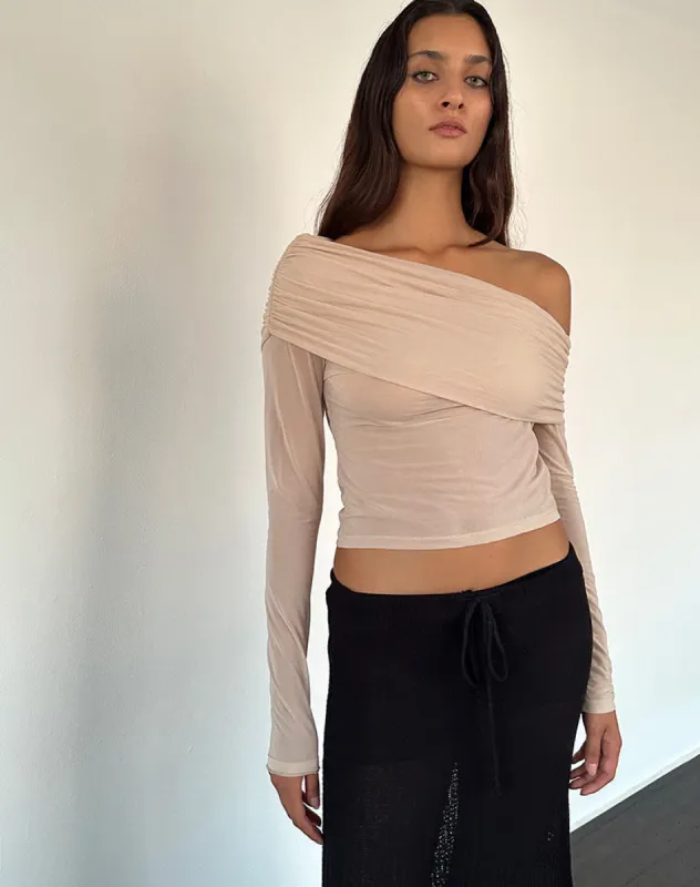 Chidi Sheer Mesh Bardot Top in Camel sold by Motel Rocks
