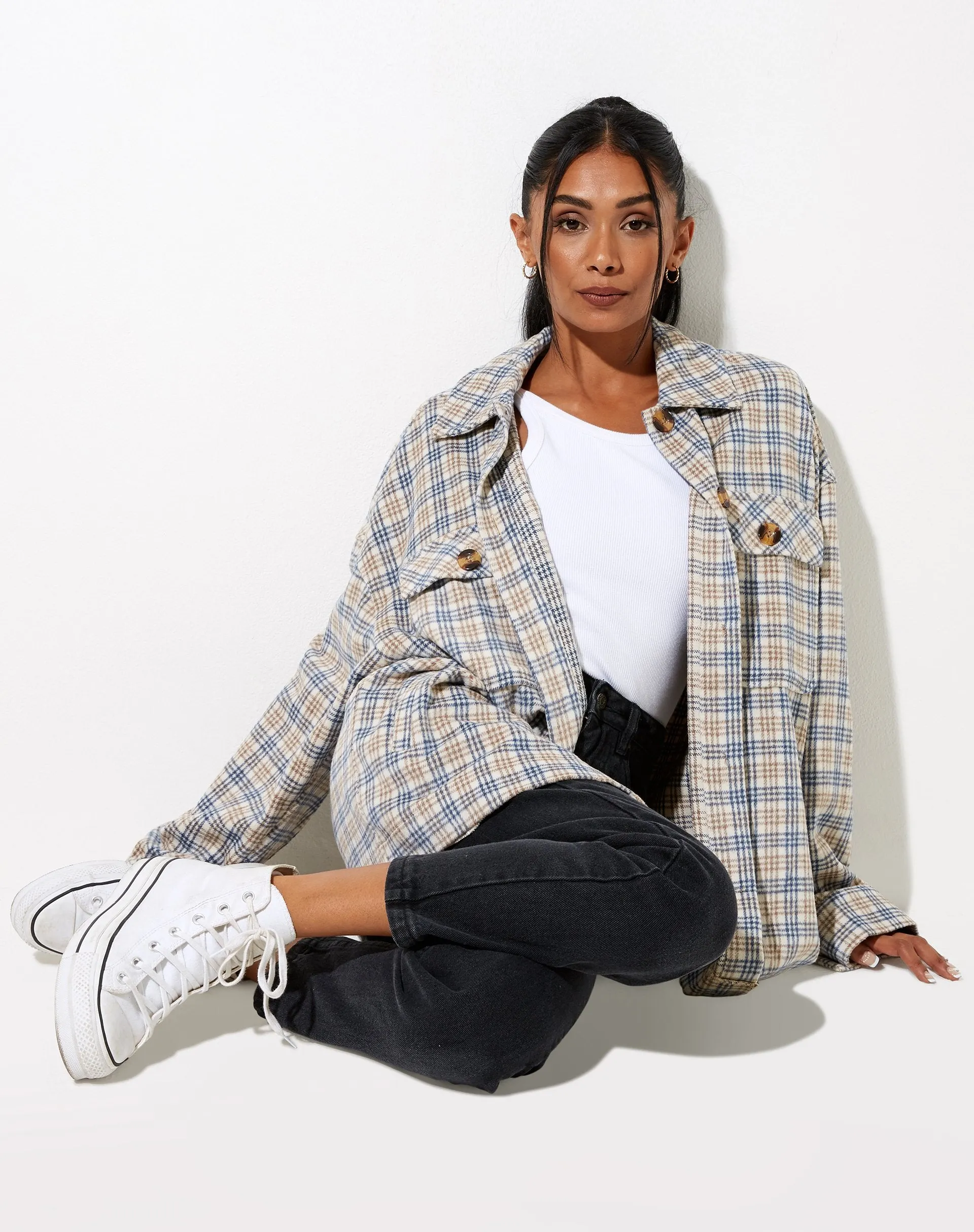 Marcel Shirt in Small Check White Blue Tan sold by Motel Rocks product image thumbnail 4