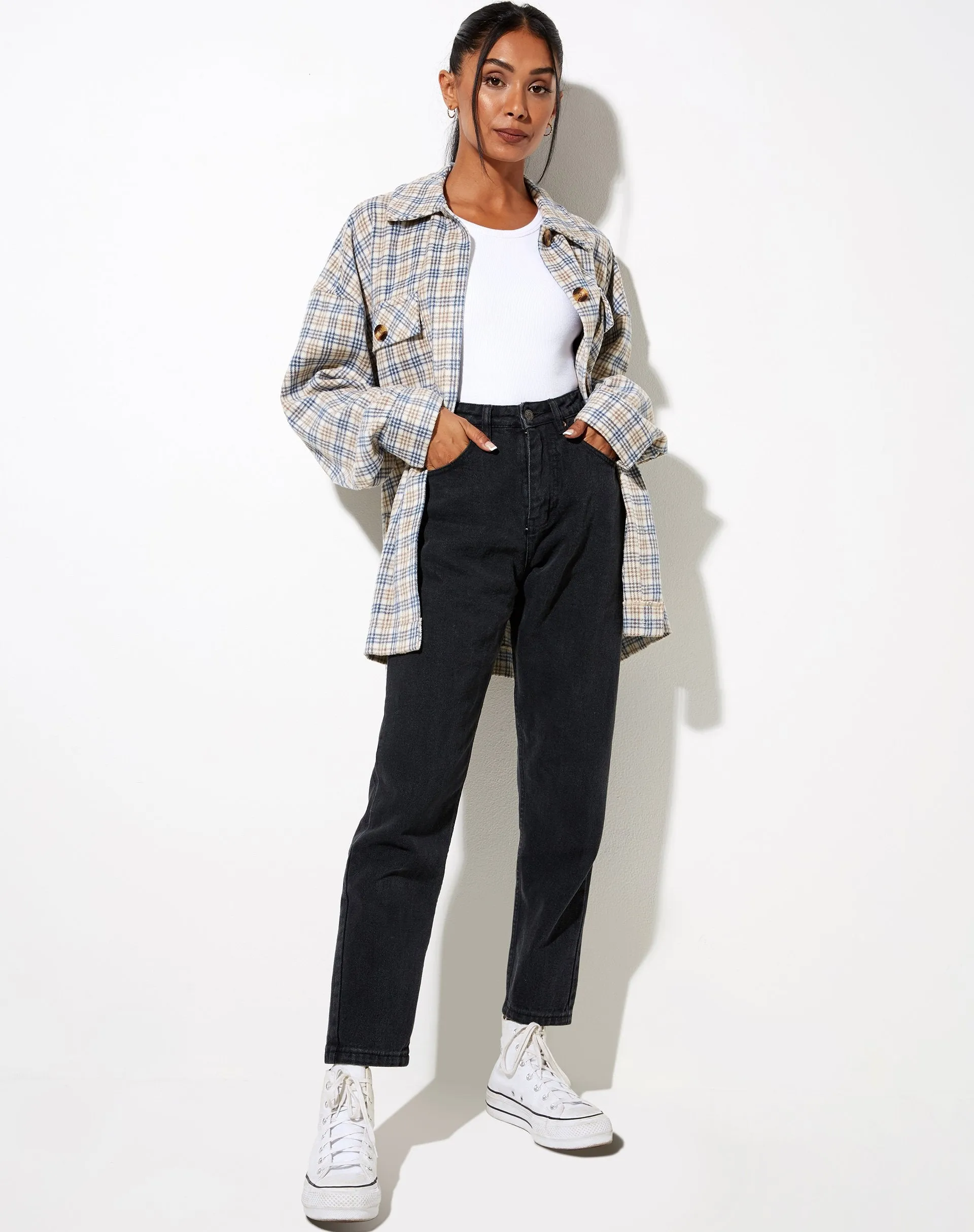 Marcel Shirt in Small Check White Blue Tan sold by Motel Rocks product image thumbnail 5