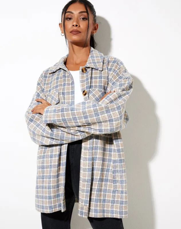 Marcel Shirt in Small Check White Blue Tan sold by Motel Rocks