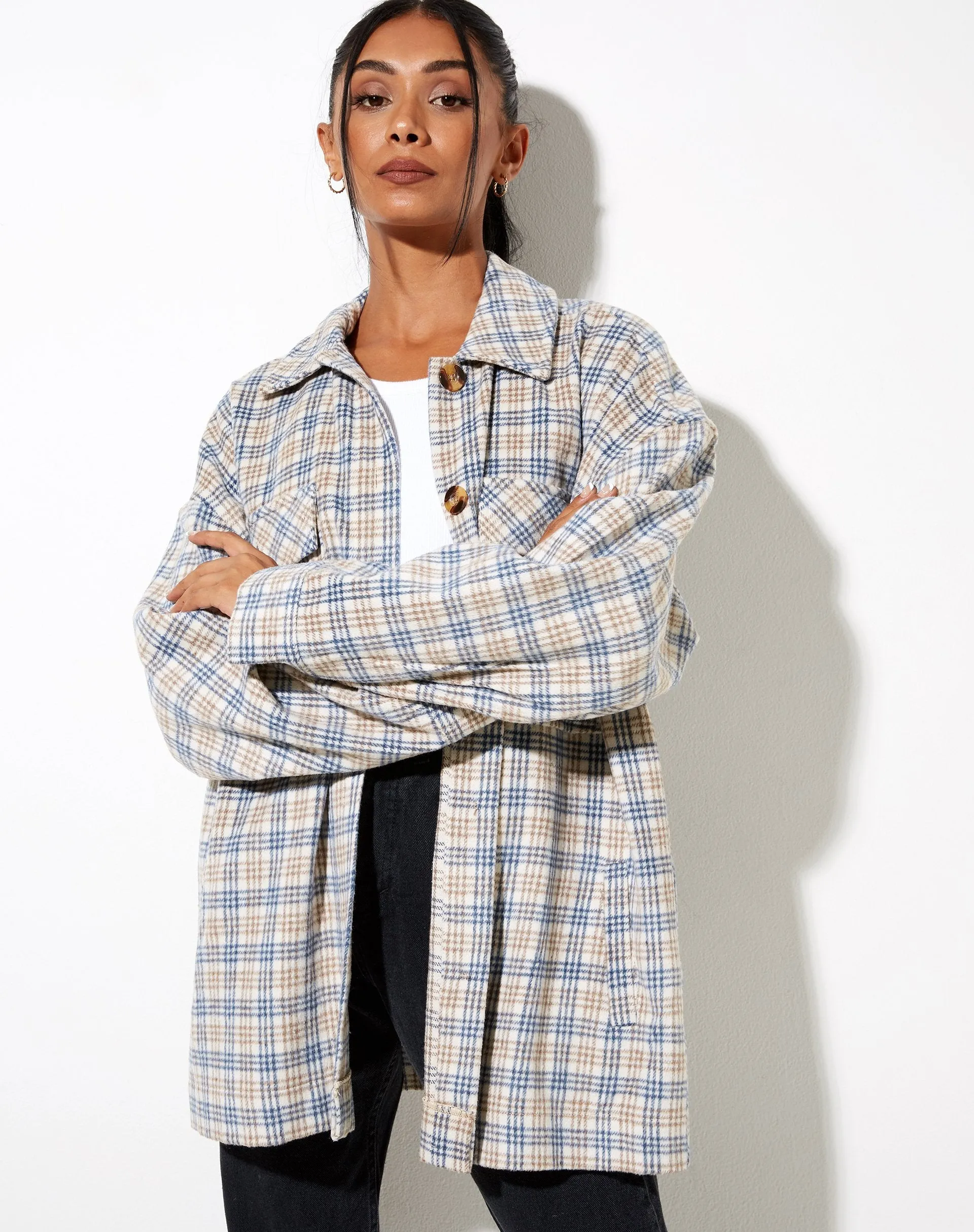 Marcel Shirt in Small Check White Blue Tan sold by Motel Rocks