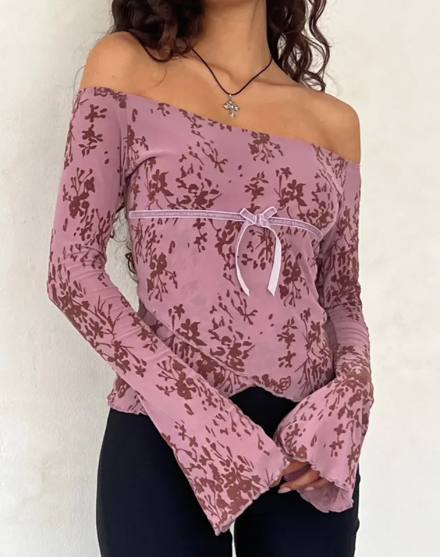 Kareena Long Sleeve Bardot Top in Abstract Botanic Mauve sold by Motel Rocks