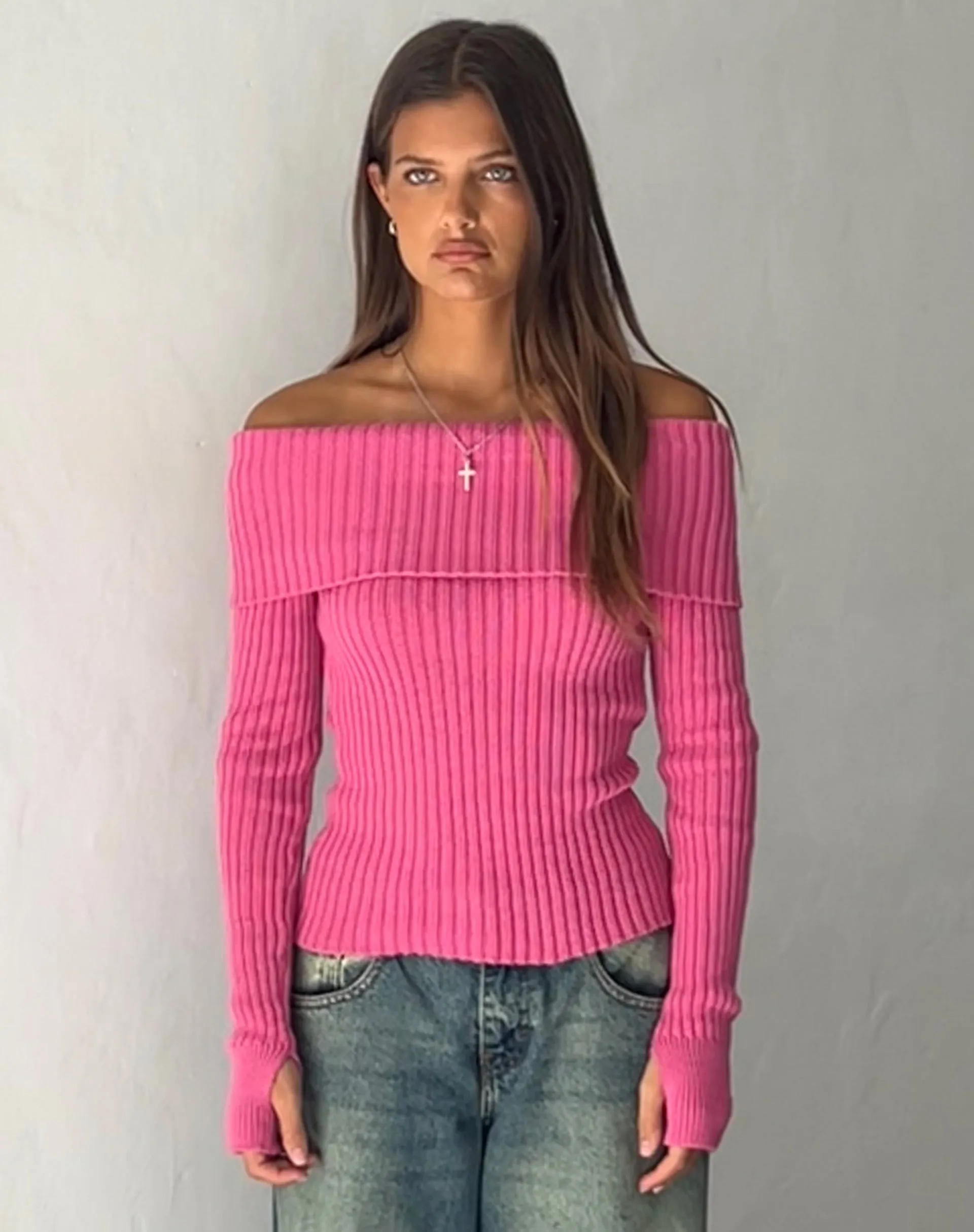 Circe Off-Shoulder Long Sleeve Knit Top in Hot Pink sold by Motel Rocks product image thumbnail 4