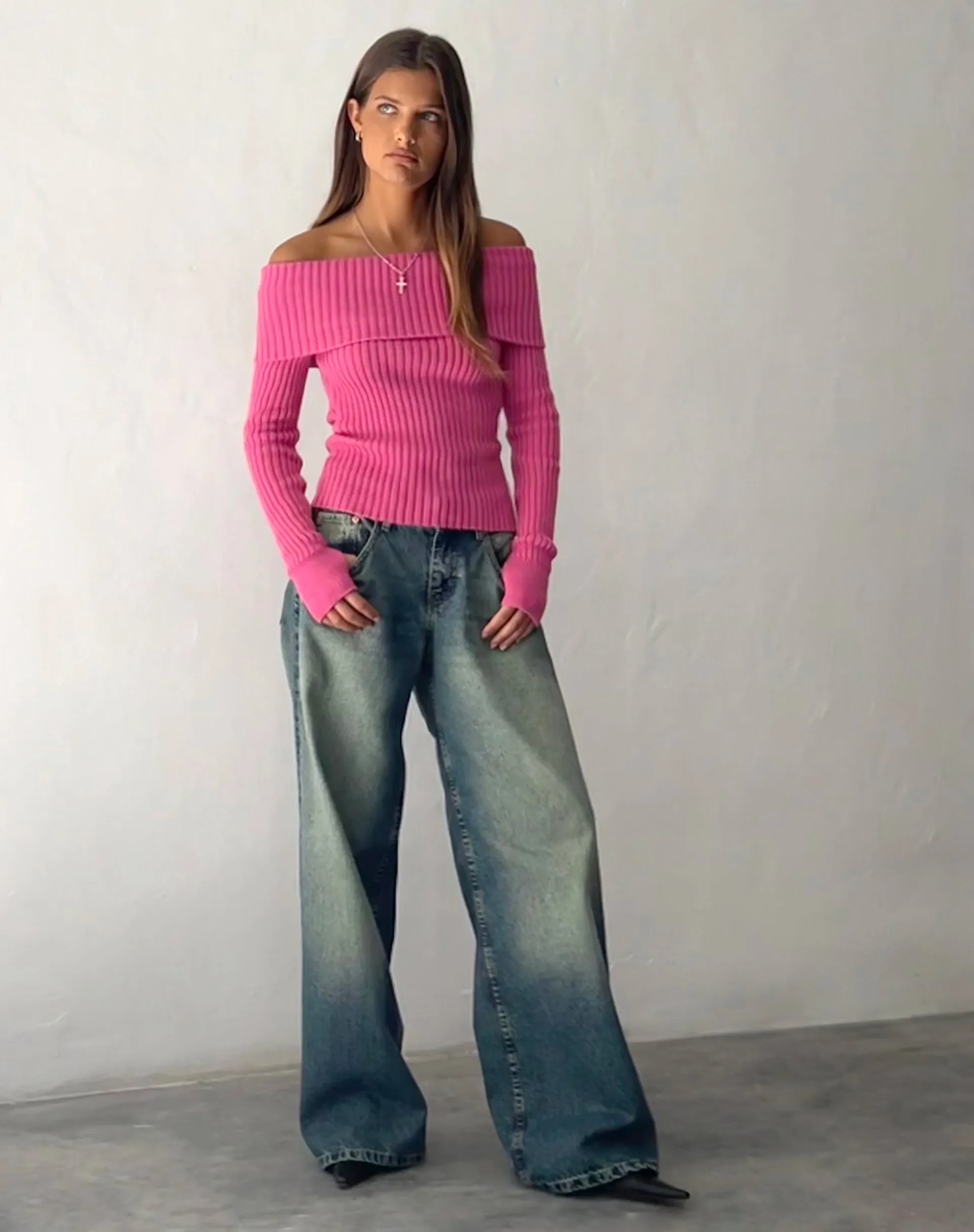 Circe Off-Shoulder Long Sleeve Knit Top in Hot Pink sold by Motel Rocks product image thumbnail 5