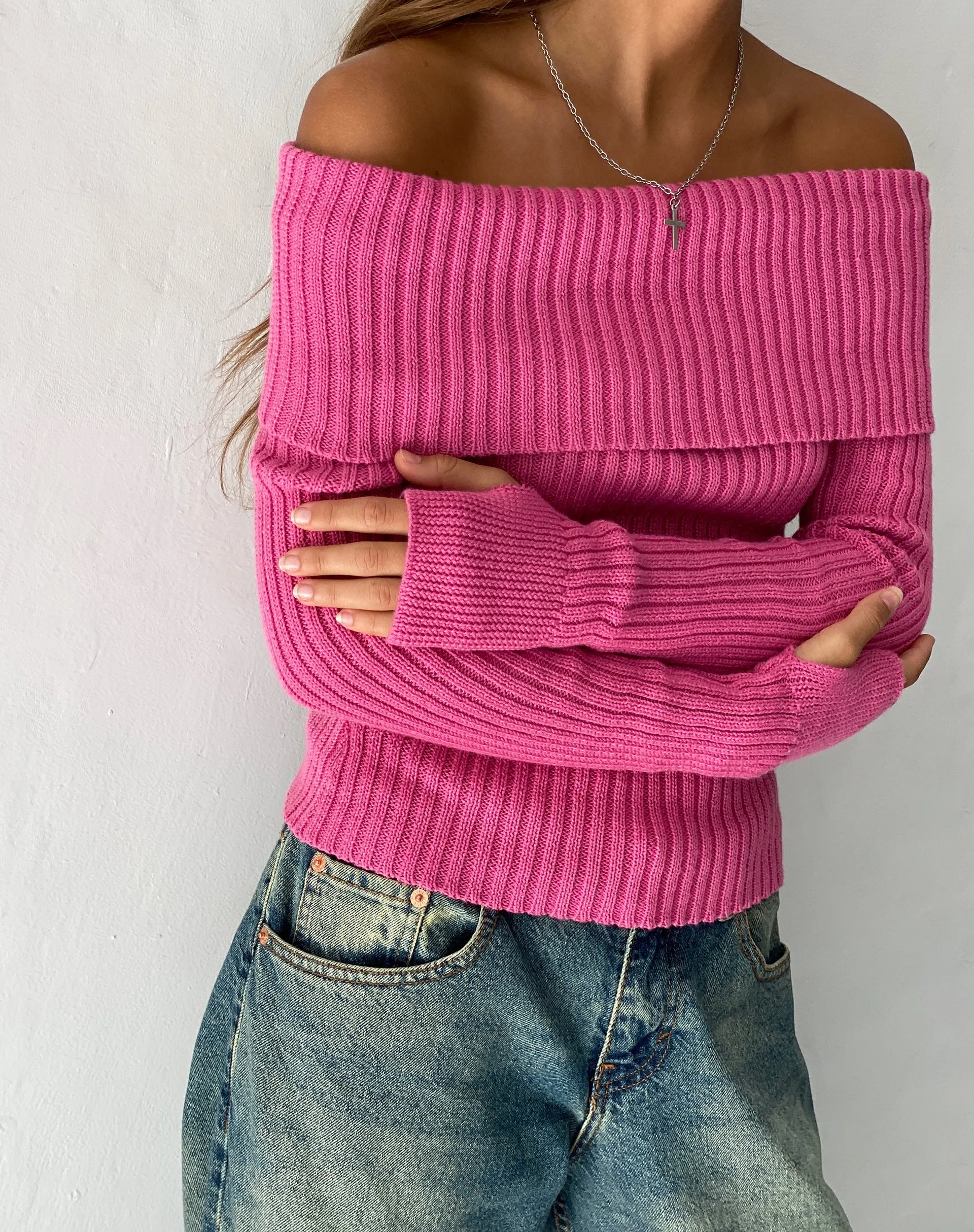 Circe Off-Shoulder Long Sleeve Knit Top in Hot Pink sold by Motel Rocks product image thumbnail 2