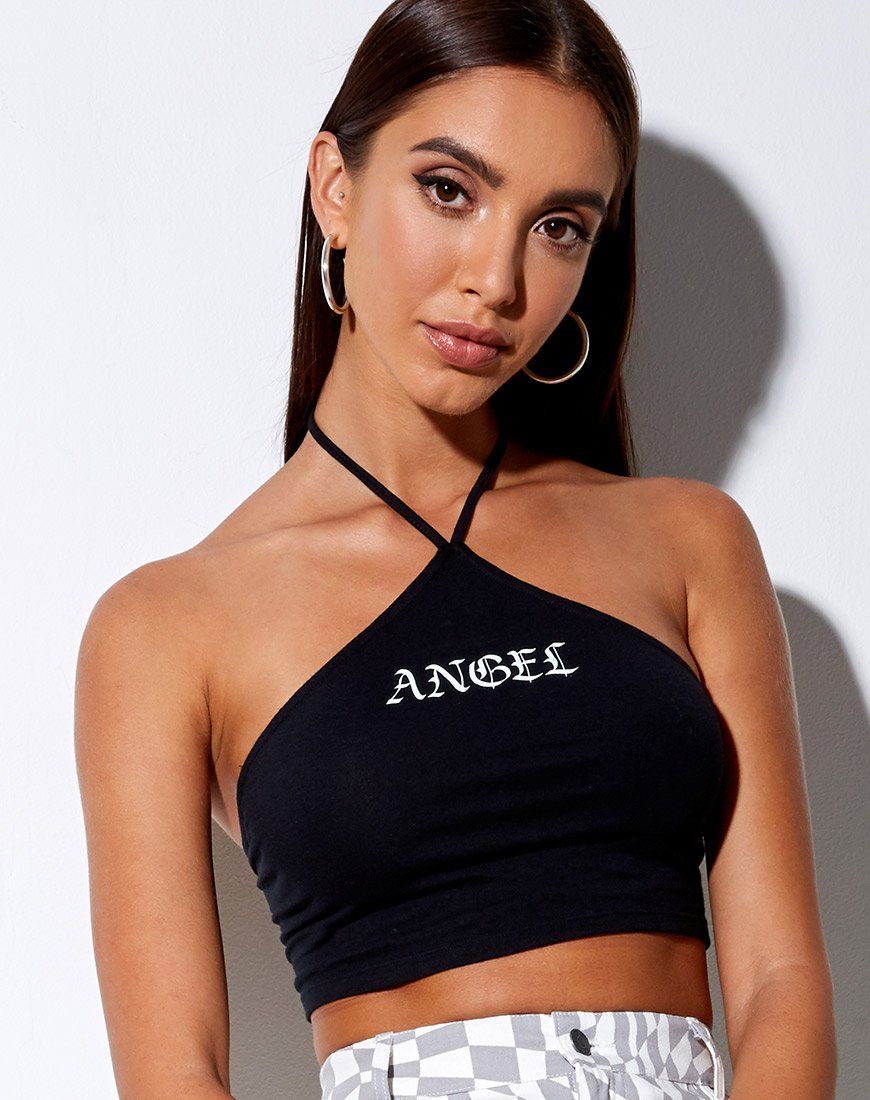 April Crop Top in Black "Angel" in White sold by Motel Rocks