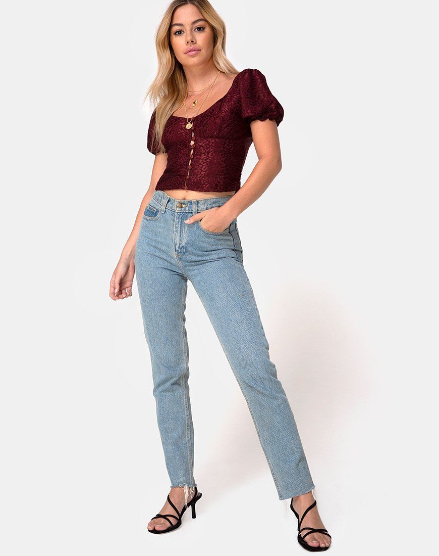 Monda Top in Satin Cheetah Burgundy sold by Motel Rocks product image thumbnail 3
