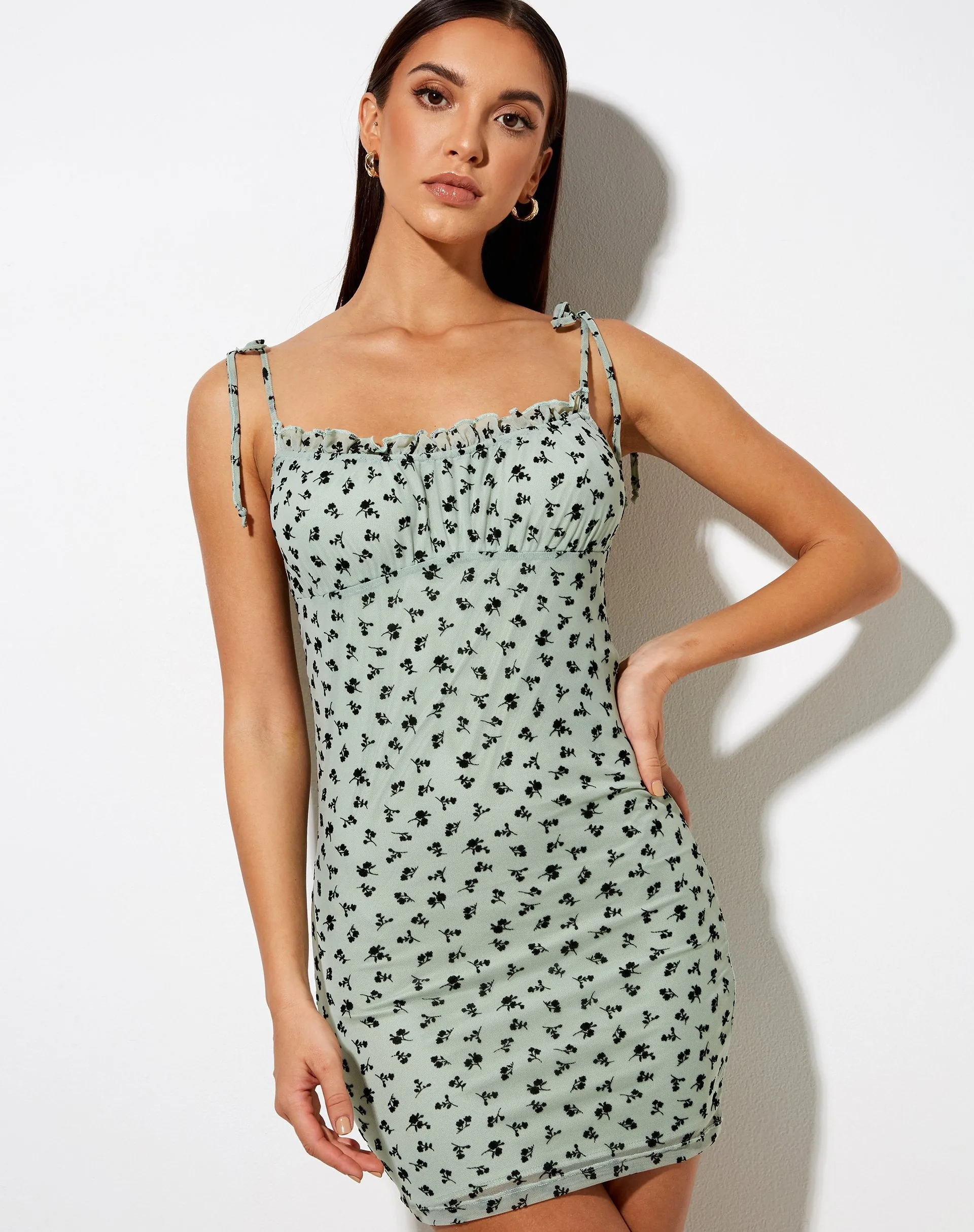 Kalosa Mini Dress in Sage Flower Buds Black Flock sold by Motel Rocks product image thumbnail 3