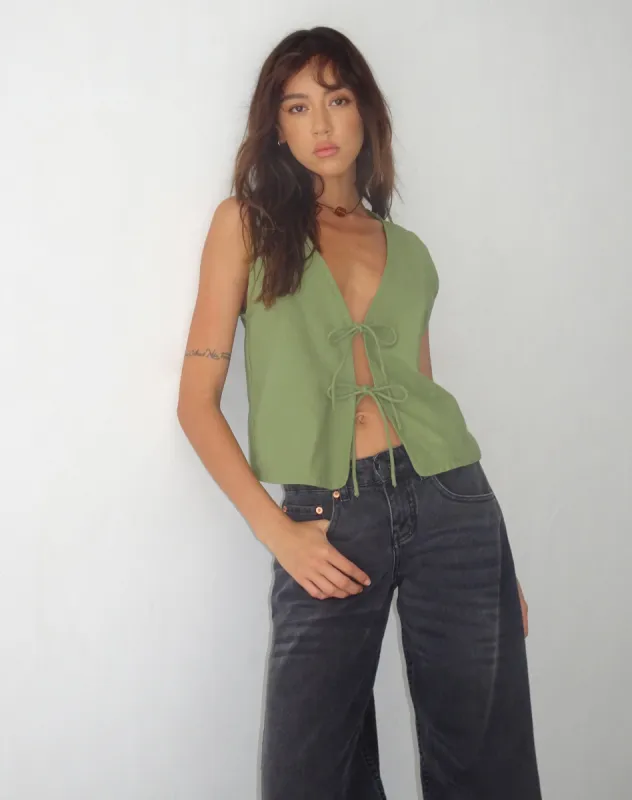Kayve Tie Front Top in Dark Sage sold by Motel Rocks