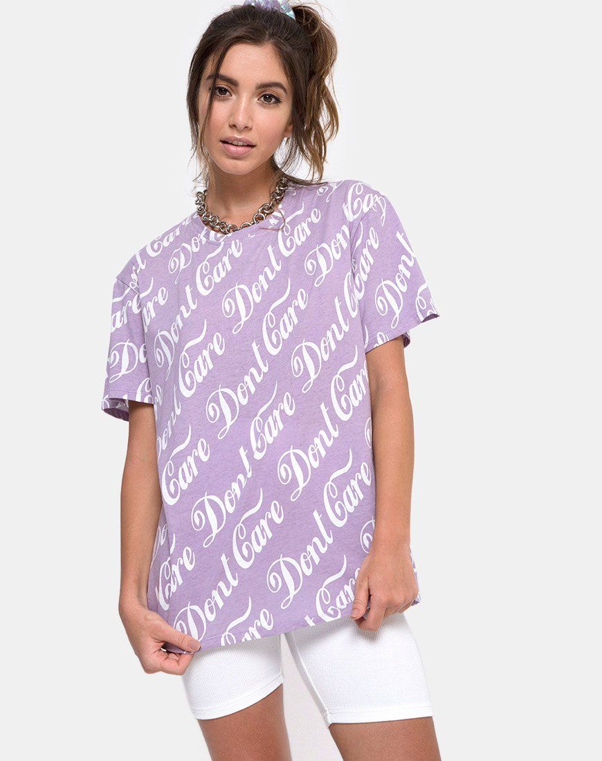 Oversize Basic Tee in Lilac “Don’t Care” sold by Motel Rocks