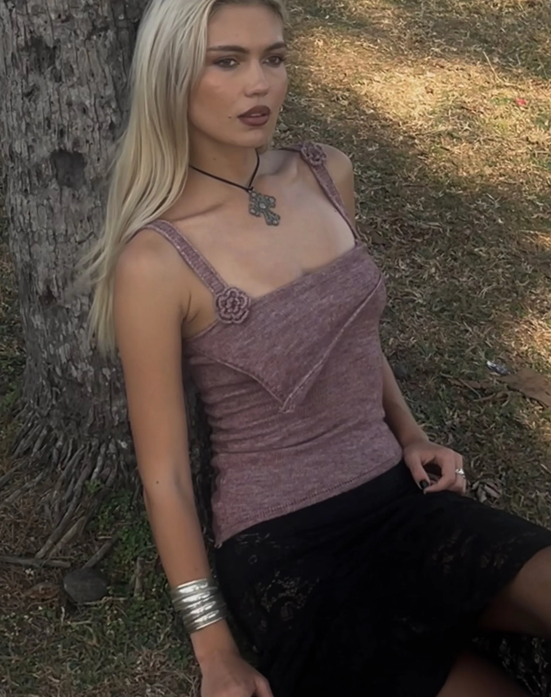 Juliet Rosette Cami Top in Knitted Maroon sold by Motel Rocks