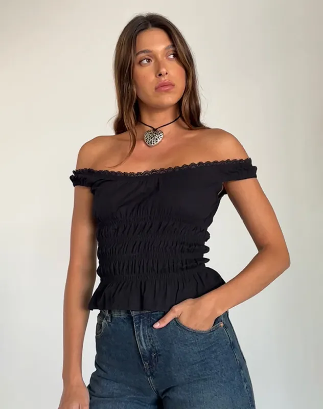 Xavinia Shirred Bardot Top in Black Poplin sold by Motel Rocks