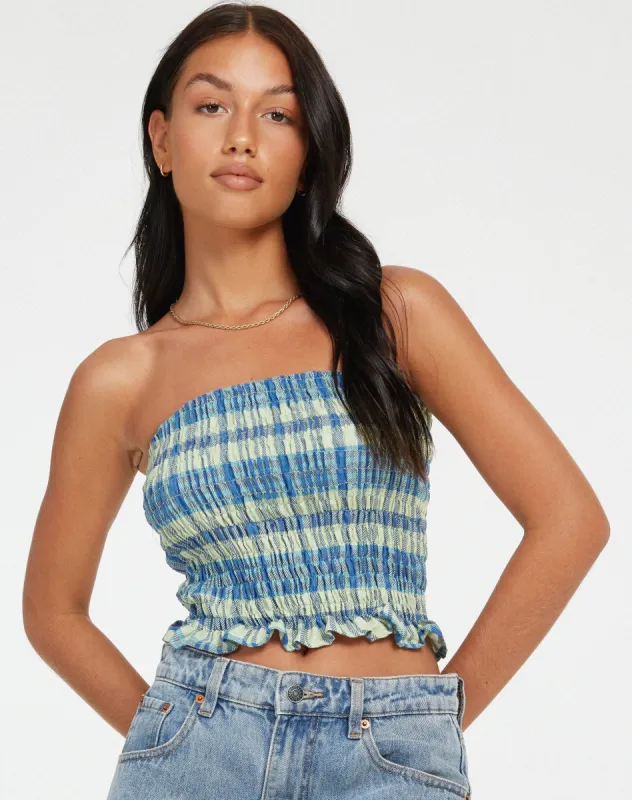 Kiyo Bandeau Top in Colourpop Check Green and Blue sold by Motel Rocks